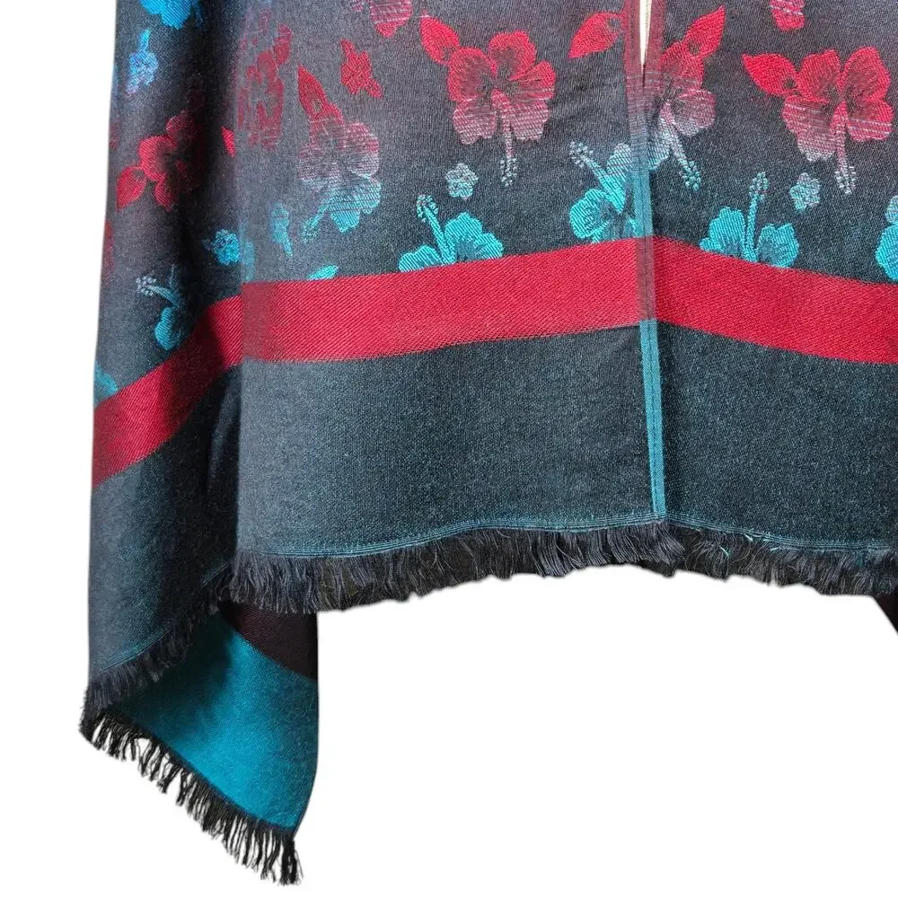 Floral Scarf Wrap Black Blue Red Hibiscus 27" x 70" Soft Pashmina‎ Type - Picture 4 of 8